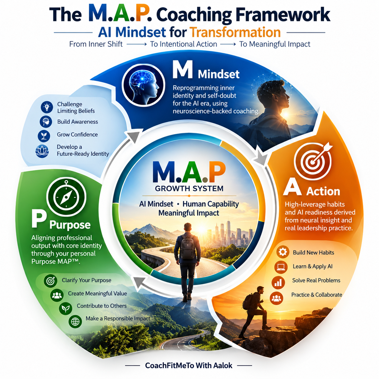 The M.A.P. Coaching Framework infographic showing Mindset, Action, and Purpose